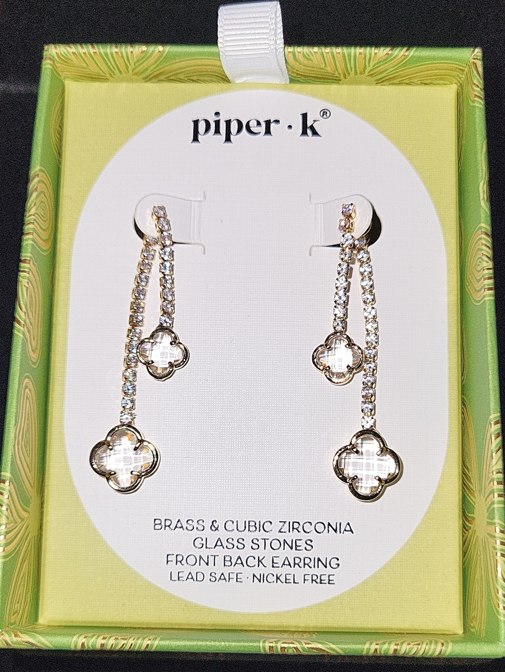 Piper K Gold Drop Earrings with Clear Crystals FRONT AND BACK BNIB TE M